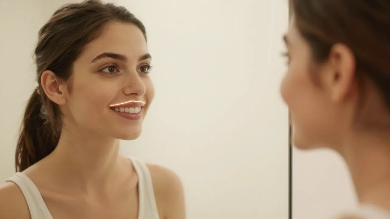 Osoba se dívá do zrcadla, kde její úsměv je naznačen jemným světelným efektem vylepšení.