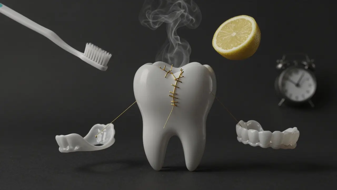 Poškozený zub s zlatými záplatami, symbolizujícími léčbu citlivosti a časový rámec.
