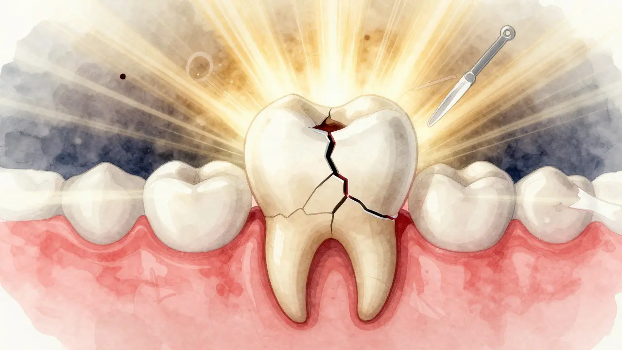 Prasklý molár s ukázkou možných komplikací po léčbě kořenového kanálu.