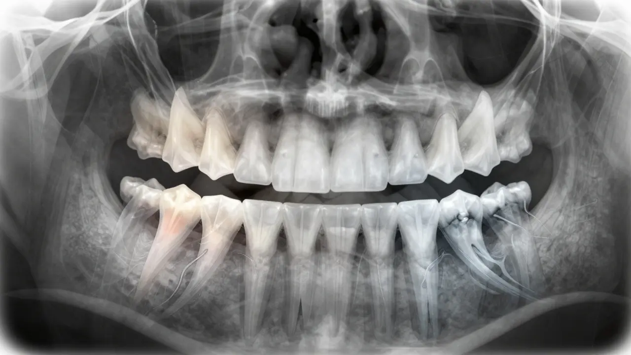 Přechod od mléčných ke trvalým zubům u dítěte, s průhlednými vrstvami ukazujícími vývoj trvalých zubů pod mléčnými.