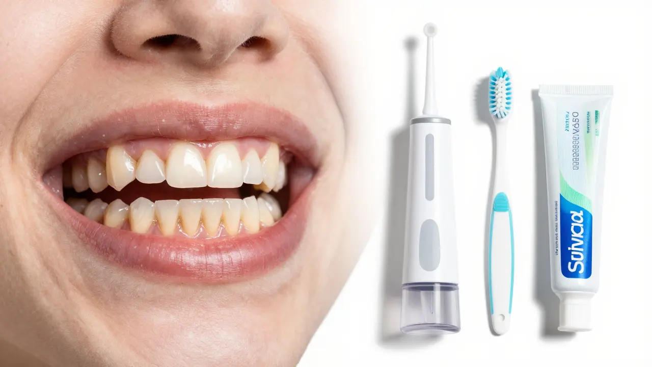 Před a po: poškozené zuby vlevo a zdravé zuby vpravo s nástroji pro péči o zuby s rovnátky.