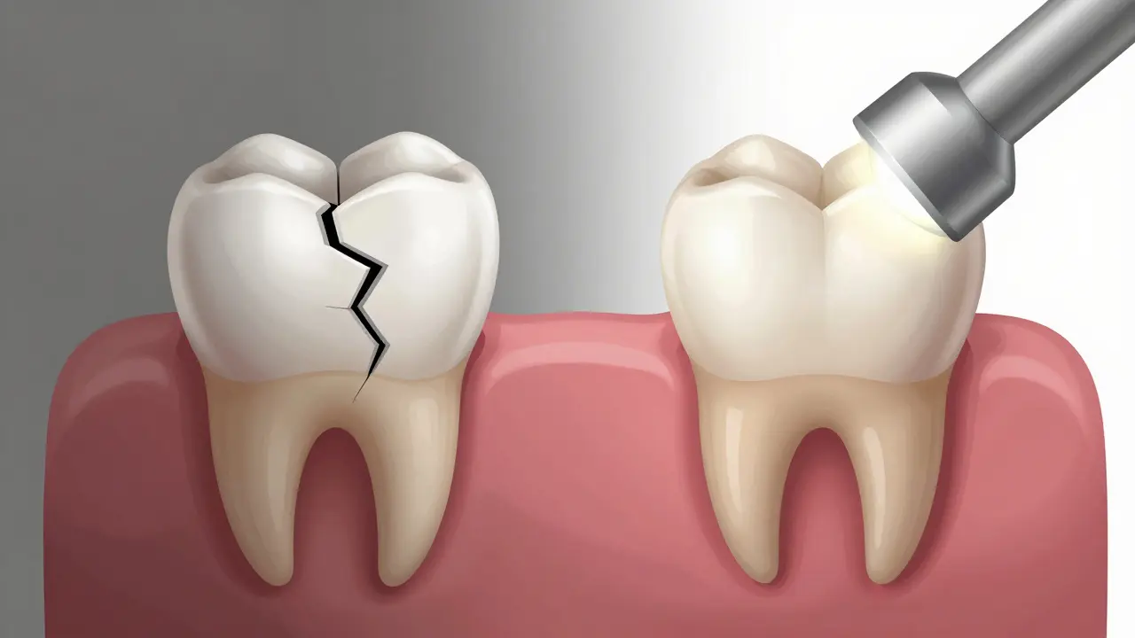 Přední zub před a po opravě kompozitní vložkou, znázorněný jako přechod od poškození k obnově.