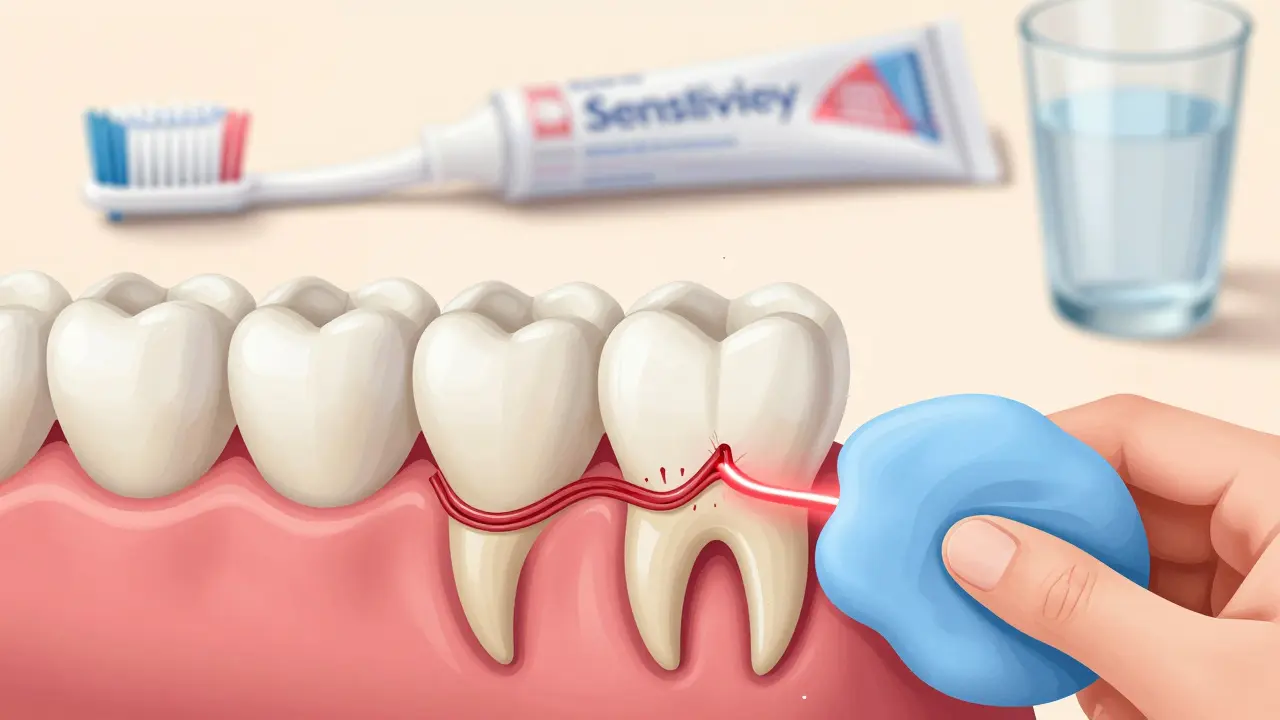 Příčný řez zubu s odhaleným dentinem a mikroskopickými trubičkami vedoucími k nervu.