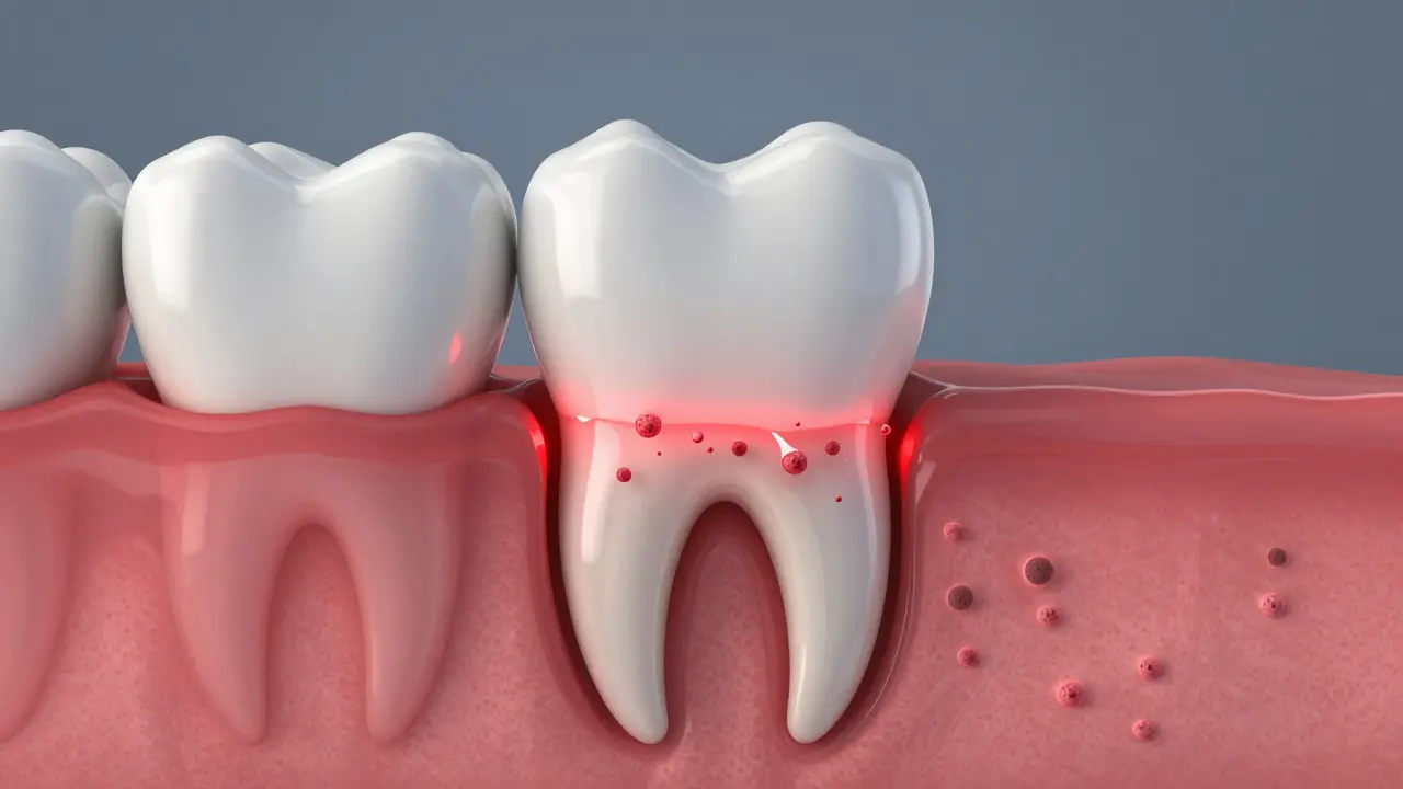 Průřez zubem s viditelným zánětem kolem kořene a procesem hojení.