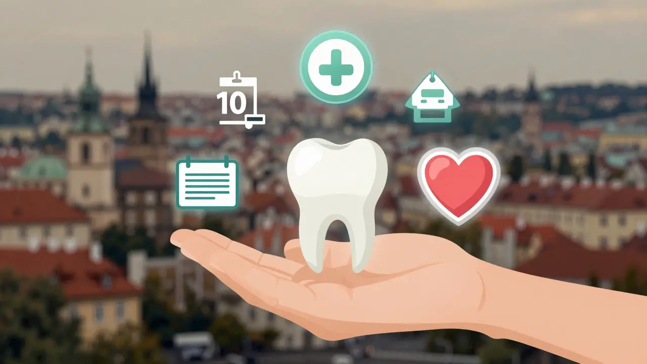 Rukou držený kousek zubu s ikonami přístupných řešení: splátky, pojištění, klinika a ochrana.