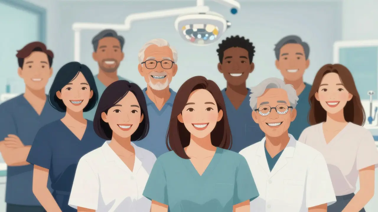 Různé věkové skupiny dospělých s různými typy ortodontických aparátů a stejně jistými úsměvy.