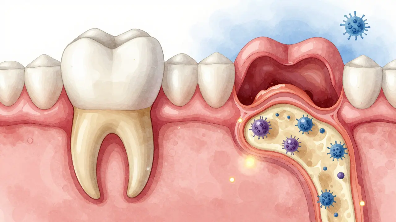 Side-by-side comparison of healthy and inflamed gum tissue with underlying bone loss.