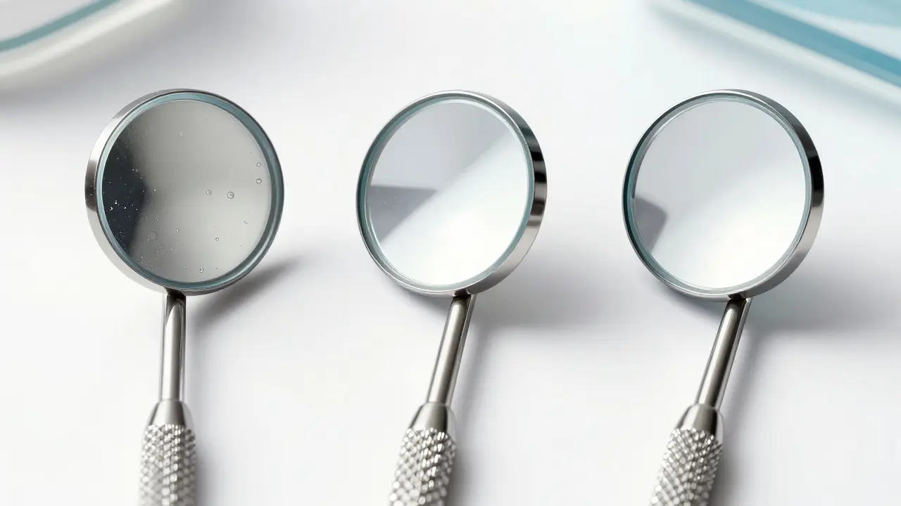 Tři dentální zrcátka vedle sebe: jedno s náhlou zamlženou plochou, jedno se zkresleným obrazem a jedno s čistým, rovným zrcadlem.