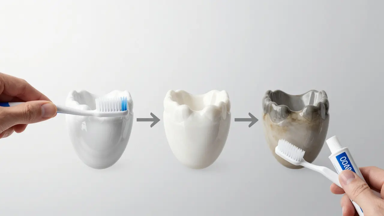 Tři keramické onlay v různých fázích opotřebení: nová, mírně opotřebovaná a silně poškozená.