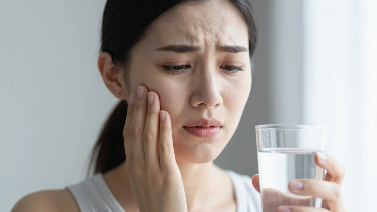 Žena drží tvář v bolesti kvůli citlivosti zubů na chlad.