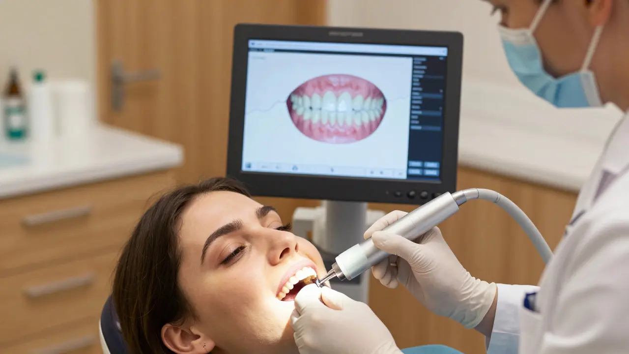 Zubní lékař používá laserový skener k prohlídce keramických fazet v klinice v Brně.