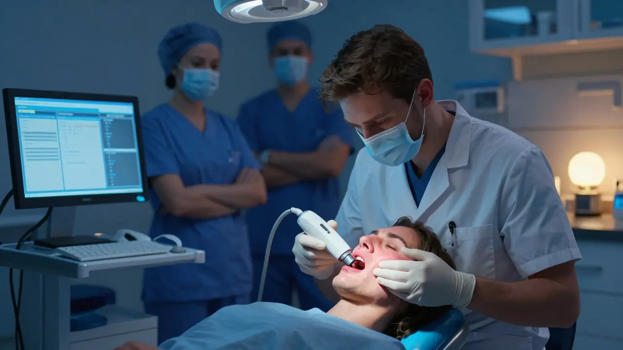 Zubní lékař provádí rentgen pacientovi s oteklou tváří v nouzové ordinaci v Praze.