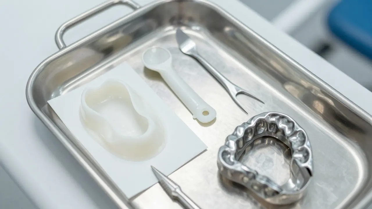 Zubní nástroje a ochranný gel na sterilním tepsinku.