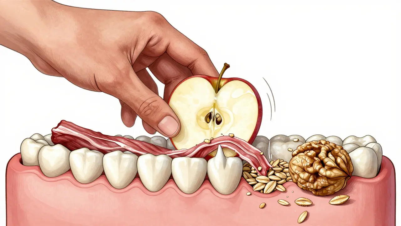 Zuby v akci: řezáky řežou jablko, kličky roztrhávají maso, malé třískové zuby drcí ovesné vločky a bradavice drcí ořech.