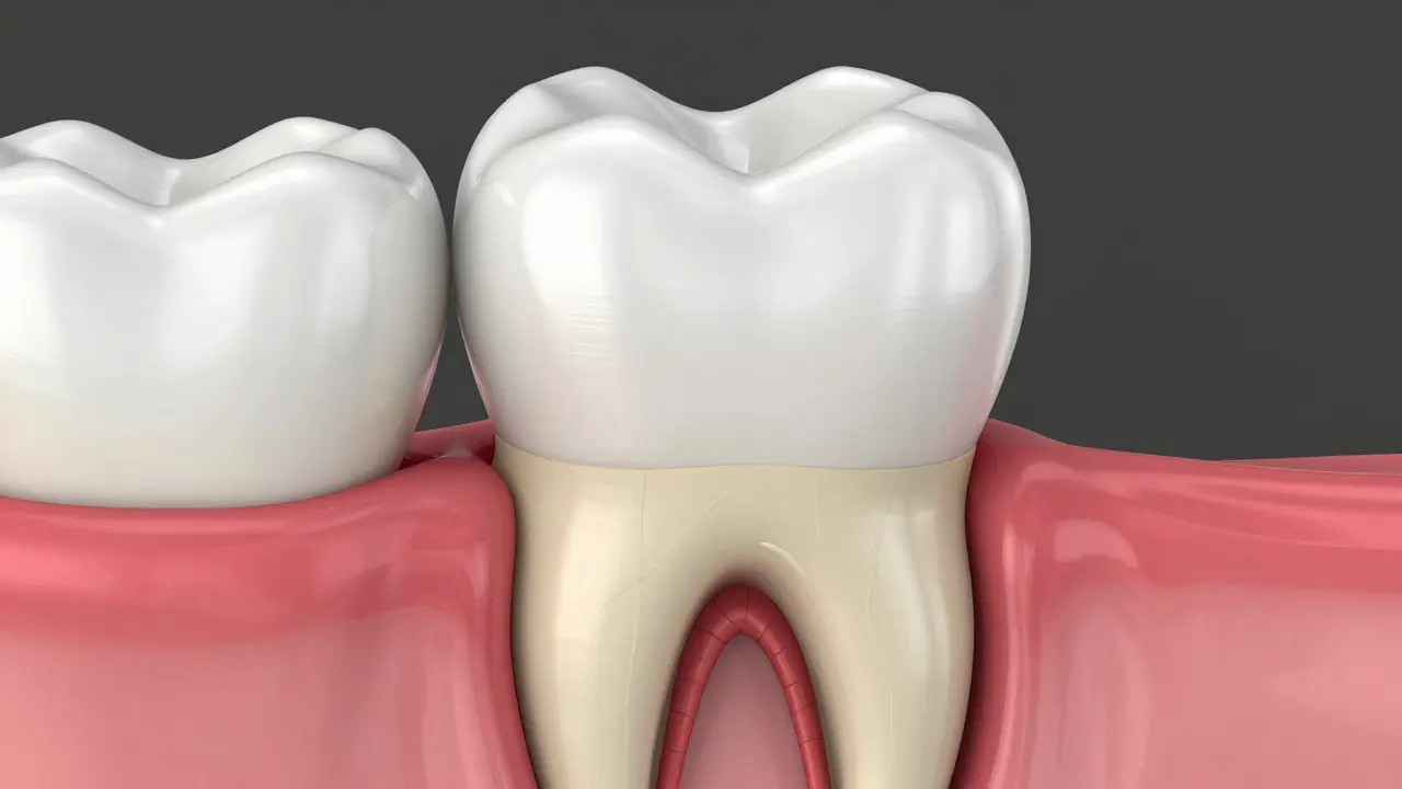 3D anatomický řez zubu znázornující sklovinu, dentin a nerv.