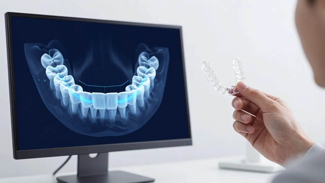 3D digitální plánování pohybu zubů na monitoru a sada alignerů