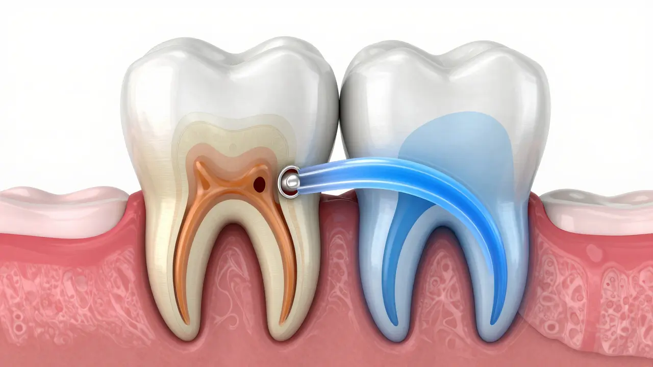 3D ilustrace kořenového kanálku a působení antibiotik v těle.