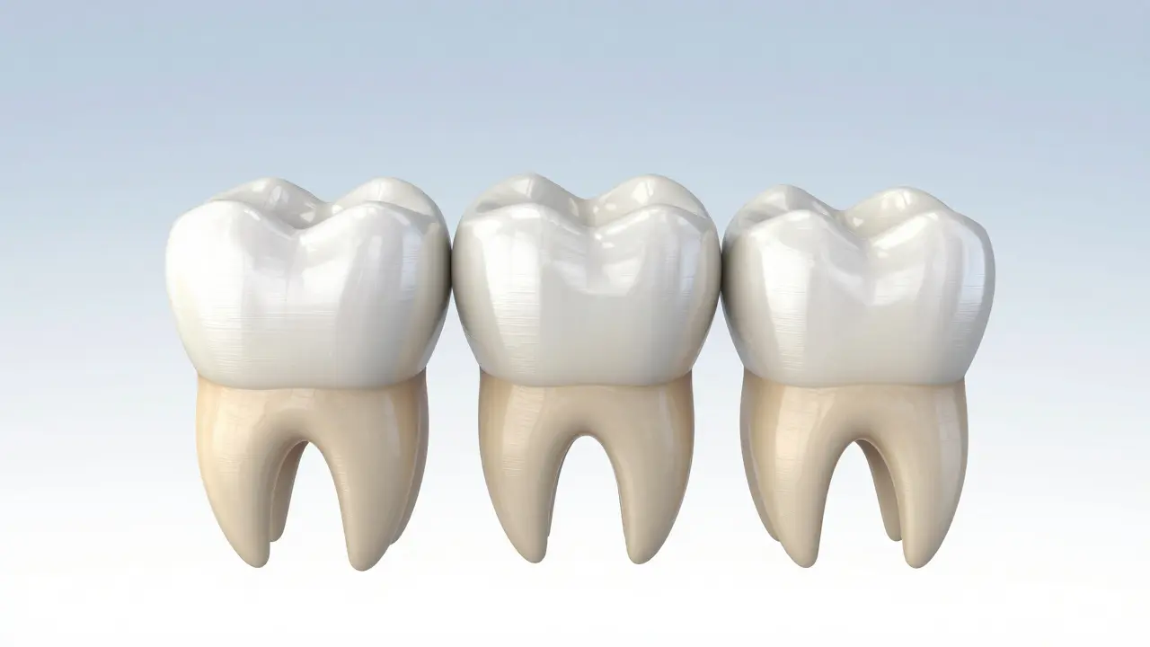 3D ilustrace zubního mostu ukazující dvě opory a střední korunku.