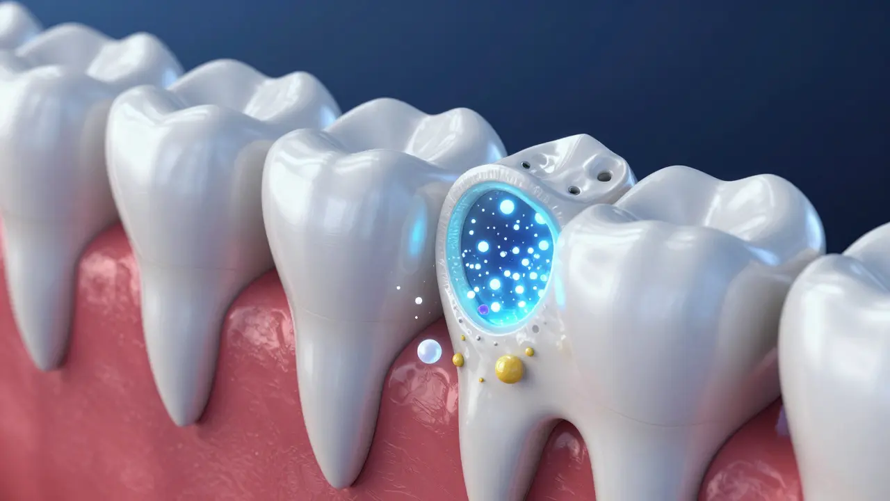 3D vizualizace procesu bělení zubů a pronikání gelu do skloviny.