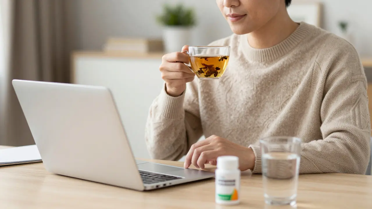 Člověk pracuje z domova a doplňuje léčbu probiotiky.