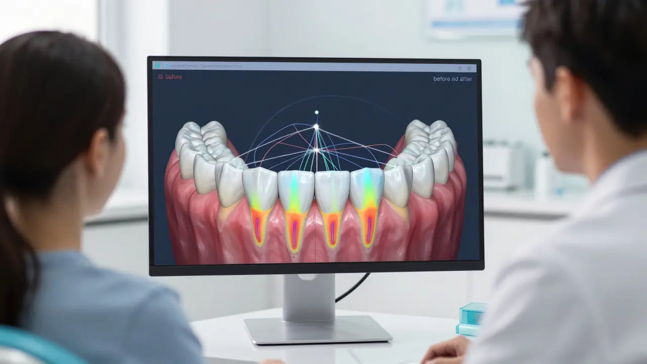 Dentista a pacient sledují 3D simulaci pohybu zubů na moderním monitoru.
