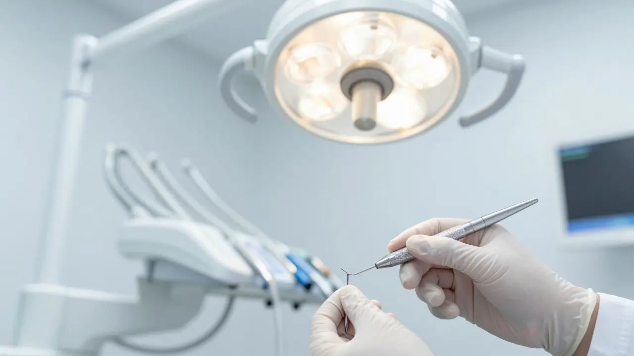 Detail stomatologického nástroje při čištění zubního kanálku.