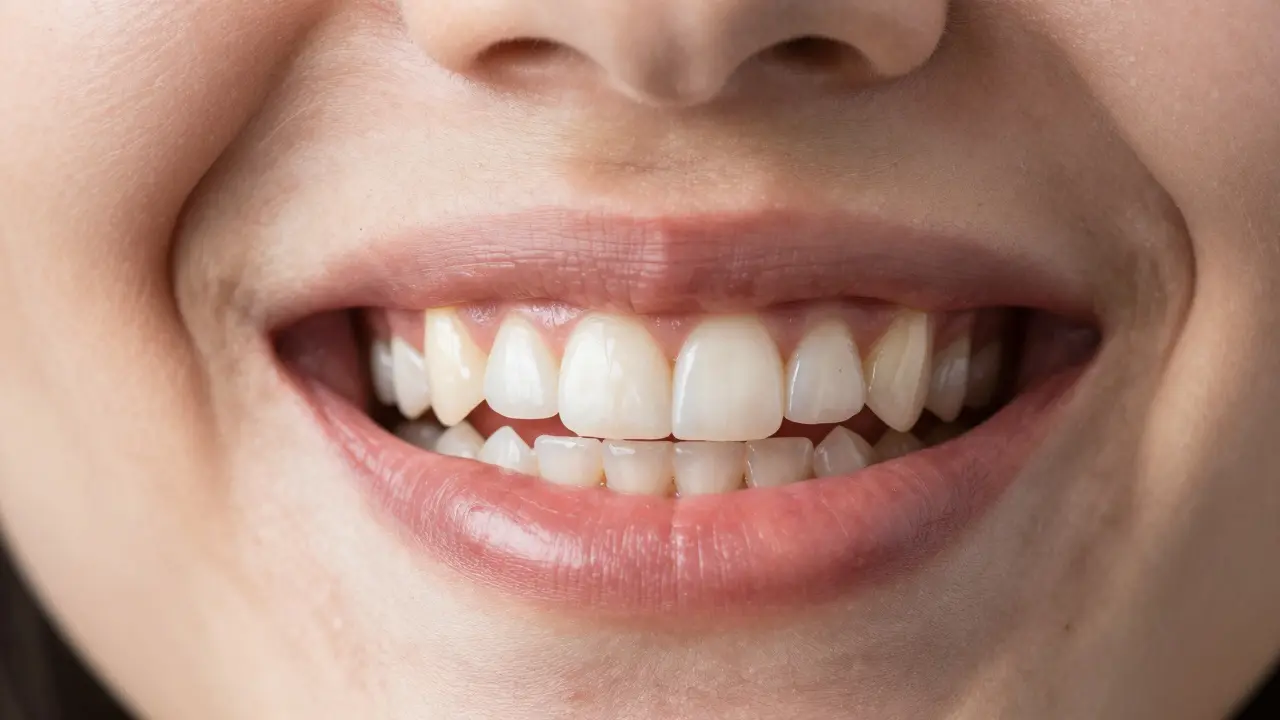 Detail úsměvu s esteticky perfektně zapasovanou keramickou korunkou na předním zubu.