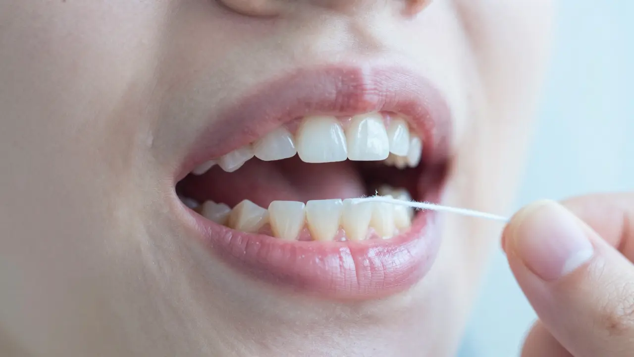 Detail zubní nitě, která se zasekává v mezeře mezi zuby.