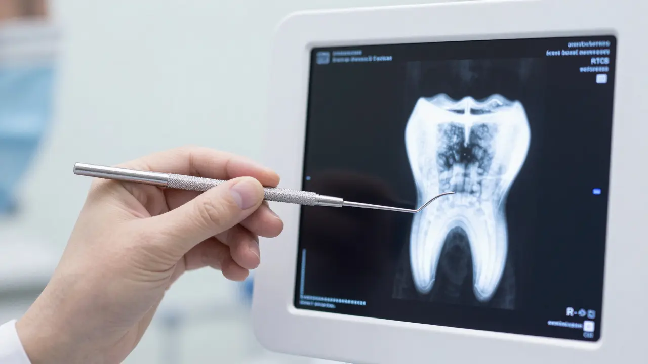 Diagnostika skrytého kazu pomocí zubní sondy a rentgenového snímku.