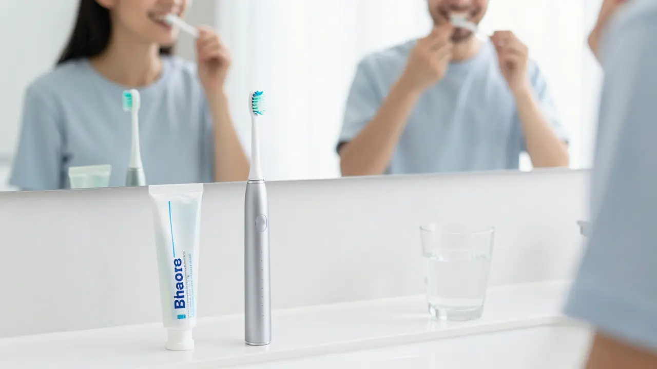 Elektrický kartáček a potřeby pro hygienu zubů s fasety.