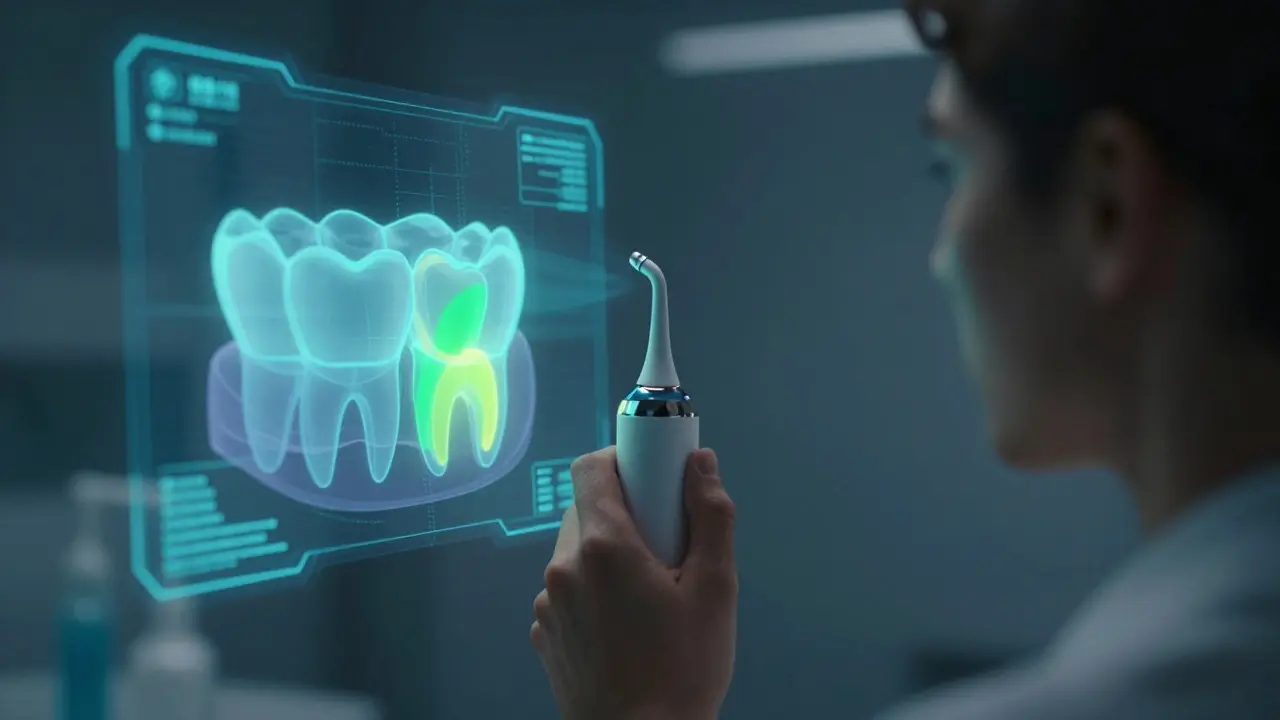 Futuristická vize AI asistované ústní hygieny s holografickým rozhraním.