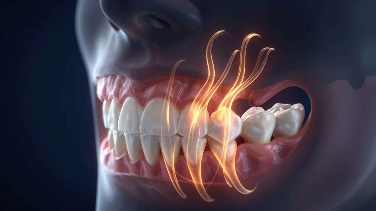 Ilustrace tlaku v čelisti a kořenech zubů při bruxismu.