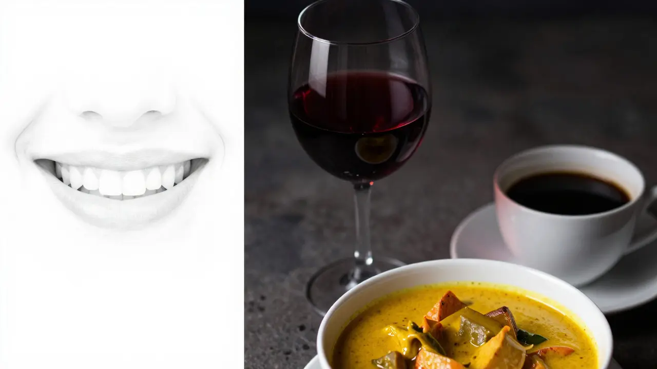 Koláž znázornující bílý úsměv a potraviny způsobující skvrny, jako je káva a víno.