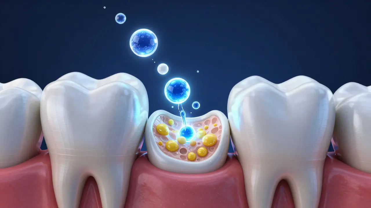 Konceptuální ilustrace peroxidu vodíku pronikajícího do zubní skloviny.