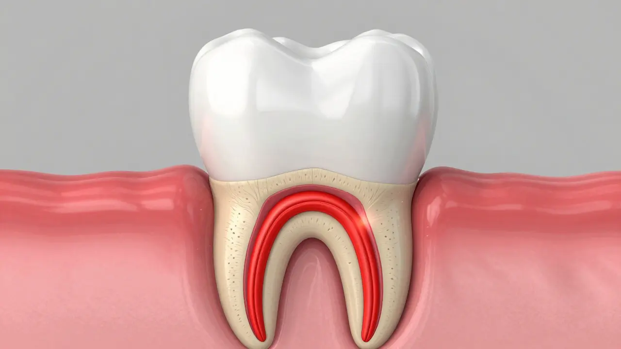 Kresba průřezu zubu znázornující sklovinu, dentinové kanálky a zubní nerv.