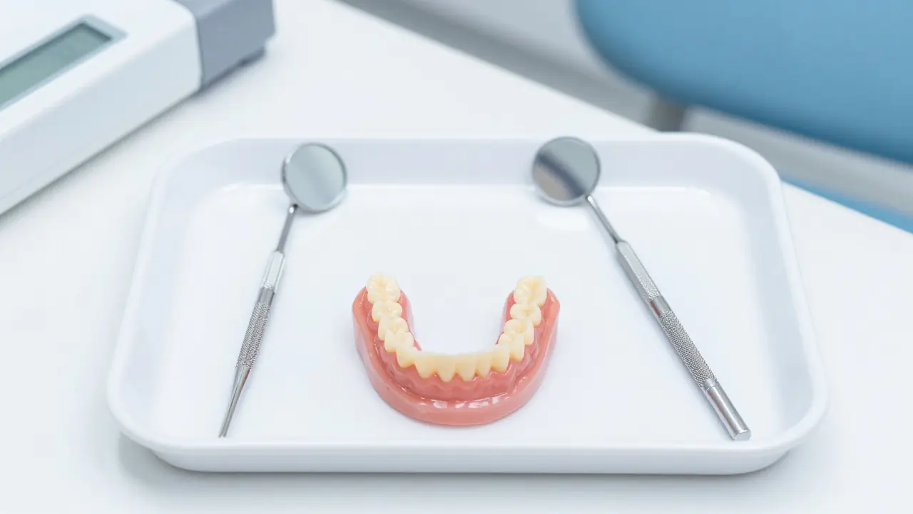 Kvalitní zubní korunka a částečná protéza na sterilním podnosu v ordinaci.