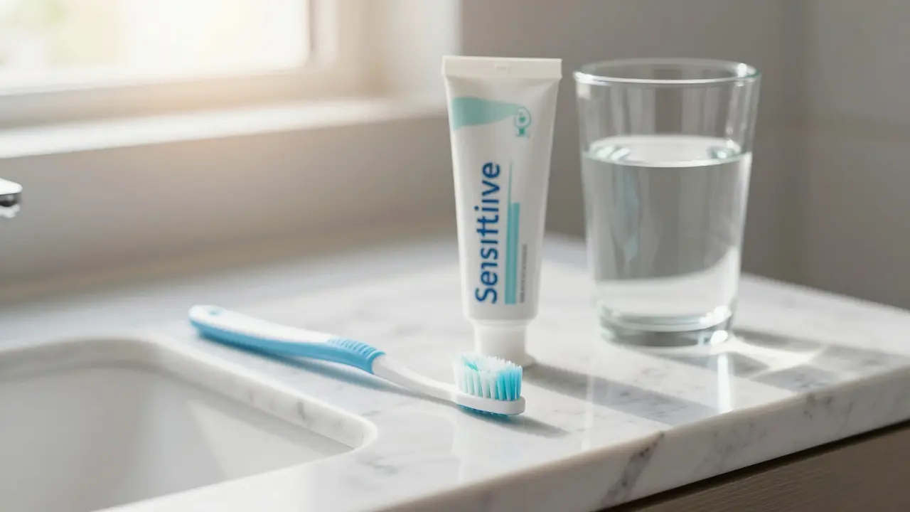 Měkký kartáček a pasta pro citlivé zuby na koupelnovém pultu v ranním světle.