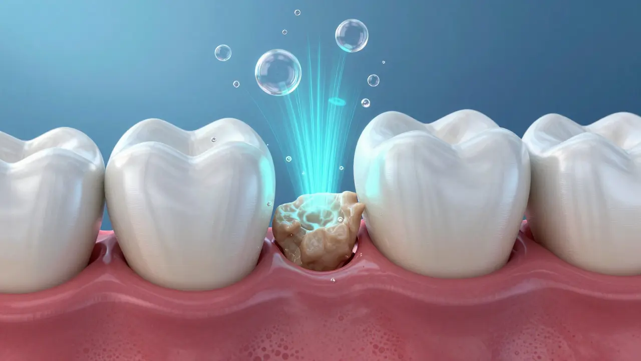Mikroskopická ilustrace procesu kavitace při odstraňování zubního kamene.