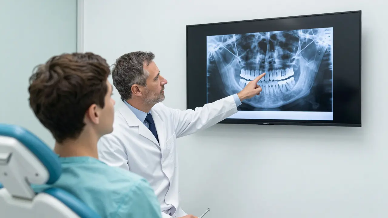 Ortodontika konzultuje rentgen čelistí s pacientem v klinice.