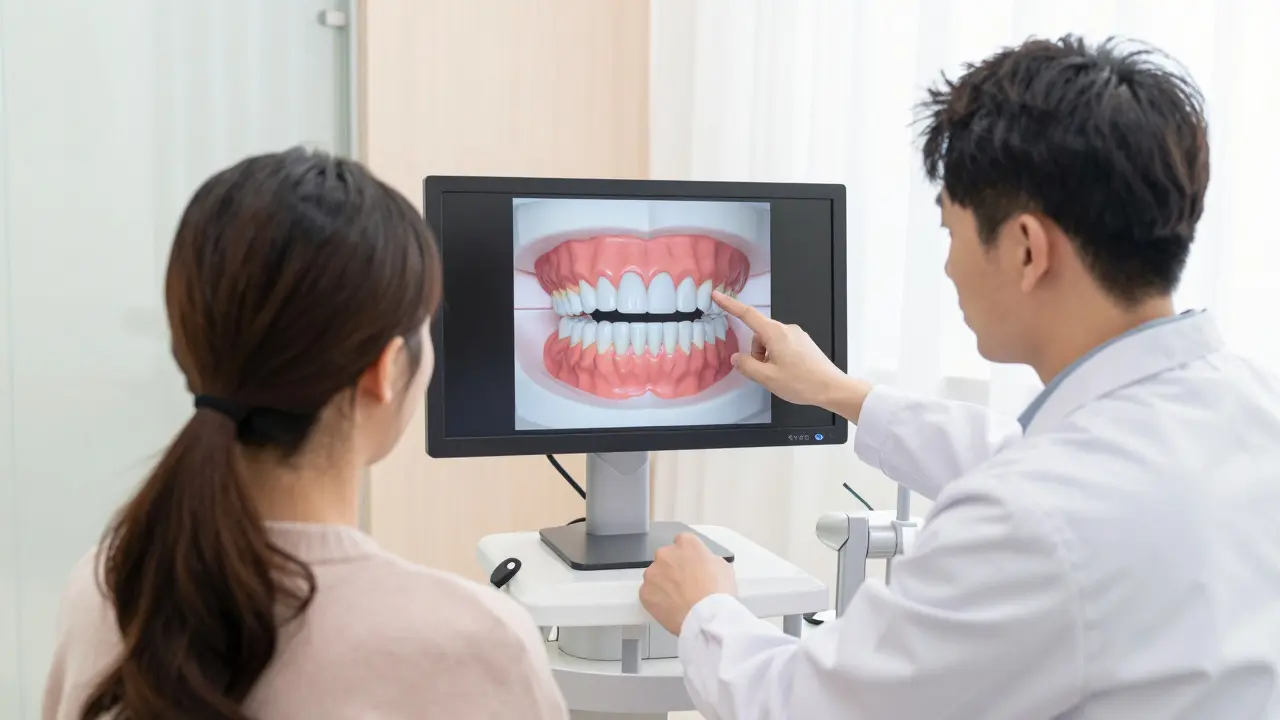 Ortodontista vysvětlující pacientovi nápravu skusu pomocí 3D modelu v moderní klinice.