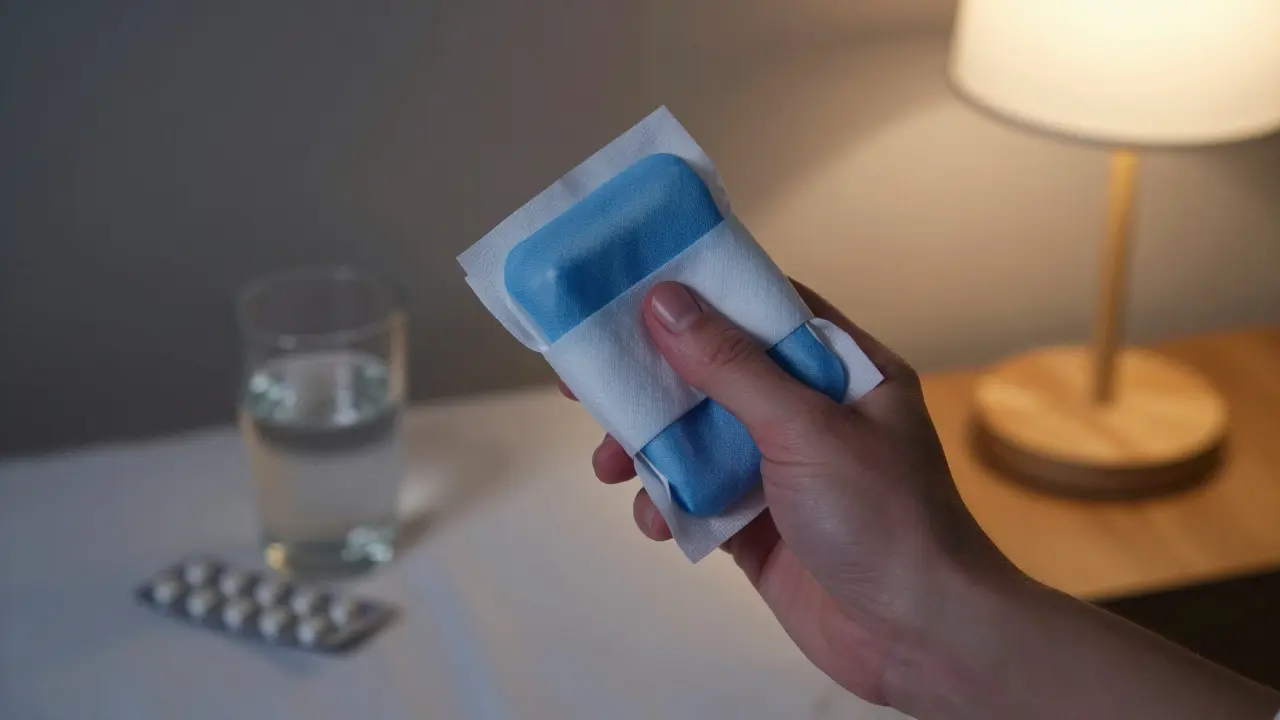 Osoba přikládající studený obklad na tvář při bolesti zubu.