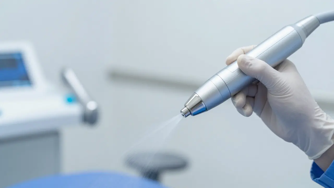 Profesionální ultrazvukové čištění zubů v ordinaci.