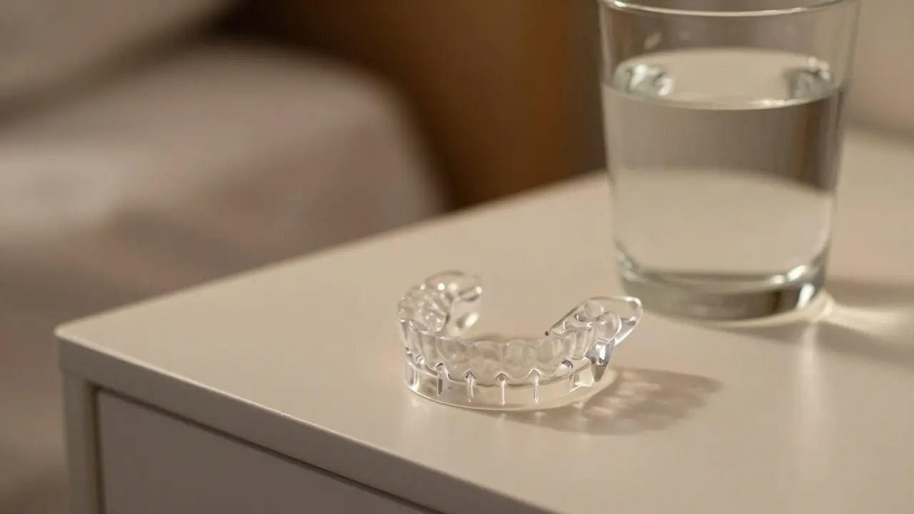 Průhledná stahovací dlaha na nočním stolku pro prevenci skřípání zubů.