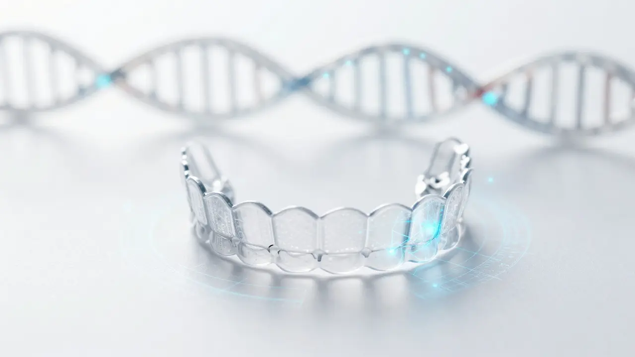 Průhledné alignery s digitálními blueprinty znázornující precizní výpočty.