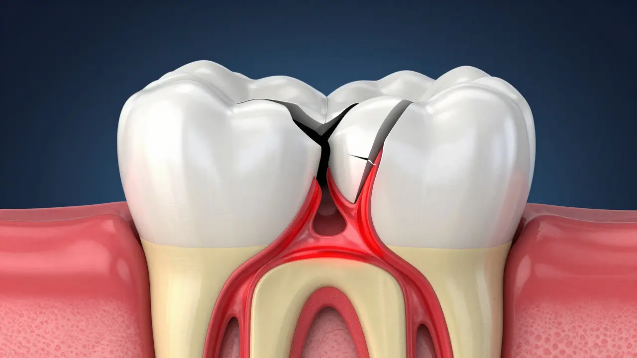 Průřez zubem znázornující hlubokou prasklinu dopadající na nerv.