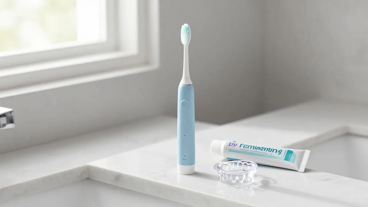 Sonický kartáček, speciální zubní pasta a noční dlaha v koupelně.