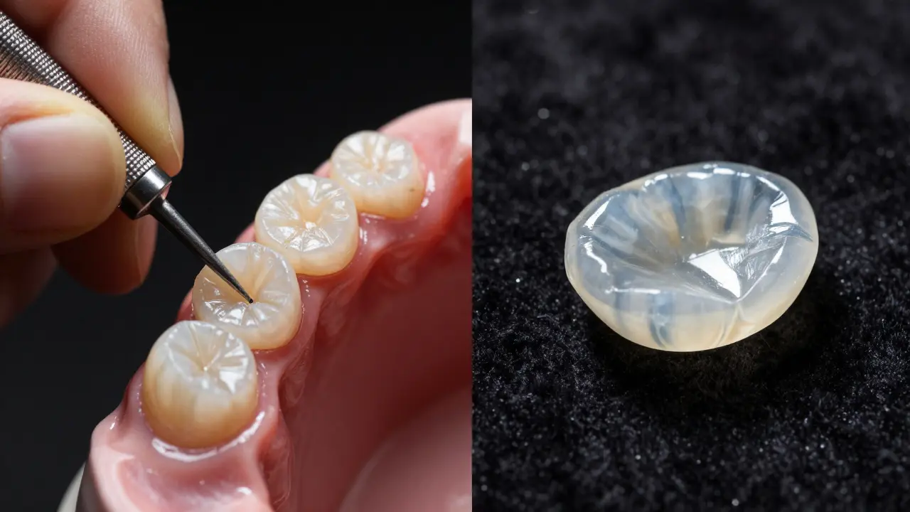 Srovnání kompozitní a porcelánové fasety z detailu.