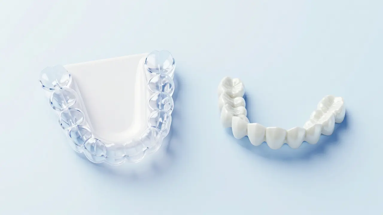Srovnání průhledných alignerů a keramických faset na bílém podkladu.