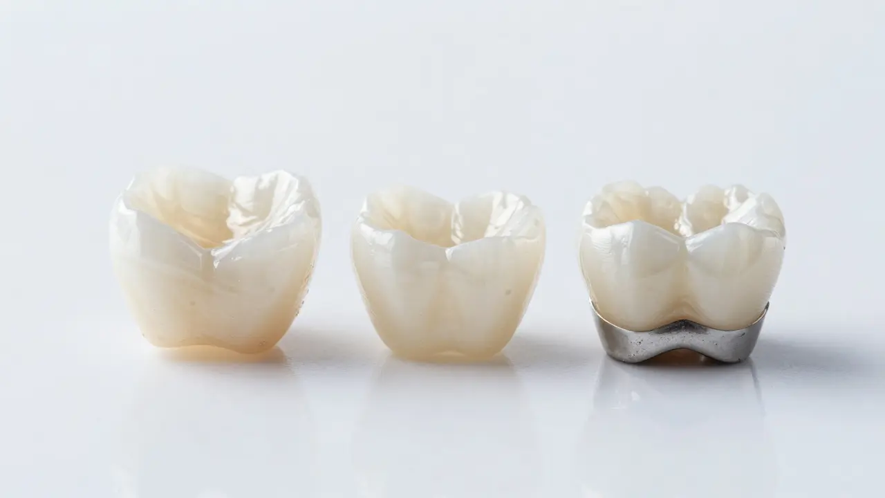 Srovnání tří typů zubních korunek z keramiky, zirkonu a kovokeramiky na bílém podkladu.