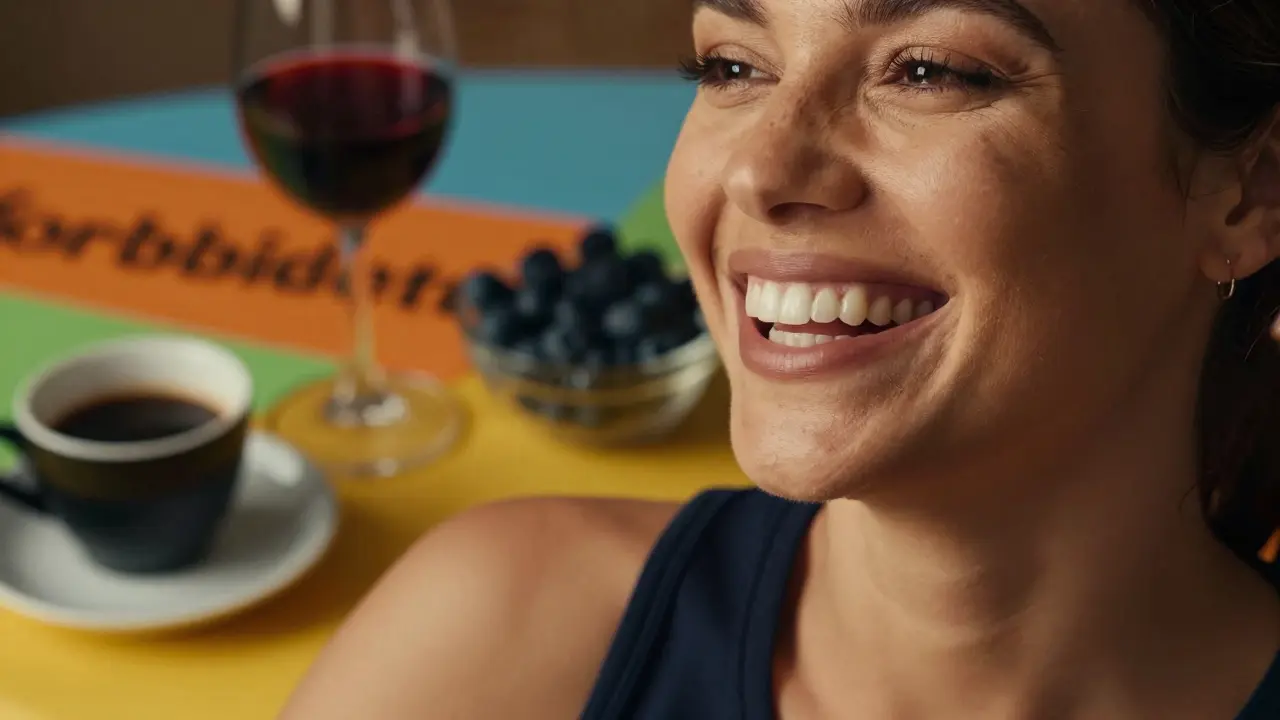 Zářivý úsměv člověka s rozmazanou kávou a červeným vínem v pozadí.